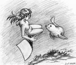  1girl animal diving diving_mask freediving graphite_(medium) holding_breath long_hair monochrome monofin nude original saver_(artbysaver) seal sketch swimming traditional_media underwater water 