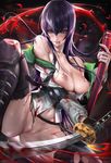  1girl areolae bare_shoulders black_legwear blood blood_stain bloody_weapon blue_eyes blush bottomless breasts breasts_outside busujima_saeko cleavage female functionally_nude garter_straps highres highschool_of_the_dead katana large_breasts lingerie long_hair navel nipples off_shoulder purple_hair pussy sakimichan school_uniform sheath solo spread_legs stomach sweat sword thighhighs torn_clothes torn_thighhighs uncensored underwear very_long_hair weapon 