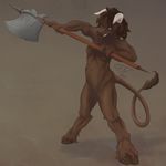  2015 3_fingers angry anthro axe bovine breasts brown_eyes brown_fur brown_hair brown_nose clenched_teeth colorfulhoovednights female fur hair hooves horn mammal melee_weapon minotaur muscular muscular_female navel nude pussy simple_background solo standing teeth weapon 