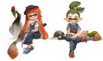  1girl beret bird bow brown_eyes casual collared_shirt denim domino_mask fang green_hair hair_ornament hat holding inkbrush_(splatoon) inkling long_hair looking_at_another mask minato_(minat0) notebook orange_hair overalls oversized_object paintbrush pointy_ears shirt shoes short_hair sitting splatoon_(series) splatoon_1 strap_slip tentacle_hair turtle 