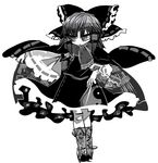  ascot between_fingers boots bow detached_sleeves greyscale hair_bow hair_tubes hakurei_reimu highres holding_needle long_hair monochrome needle ribbon scarf solo throwing_needles touhou yt_(wai-tei) 