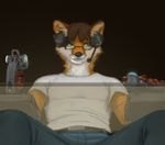  anthro belt brown_background brown_hair canine clothed clothing eyewear fox furgonomics game_controller glass_table glasses green_eyes hair headset joystick looking_at_viewer low-angle_shot male mammal simple_background solo table uncomfortabledrawingfurries white_shirt 