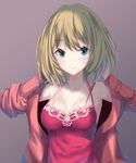  bare_shoulders blue_eyes breasts brown_hair cleavage close-up green_eyes heterochromia highres idolmaster idolmaster_cinderella_girls jewelry looking_at_viewer medium_breasts mole mole_under_eye mole_under_mouth necklace ribbed_shirt seedkeng shirt short_hair smile solo takagaki_kaede 