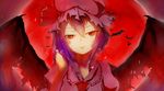  bat bat_wings fangs full_moon hat hat_ribbon highres looking_at_viewer mob_cap moon open_mouth portrait puffy_sleeves purple_hair red_eyes red_moon remilia_scarlet ribbon shirt short_hair short_sleeves smile solo touhou wings yusan 