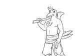  anthro avian axe barta_heido_(rml) beak bird black_and_white chest_tuft clothed clothing fur half-dressed male melee_weapon monochrome rml simple_background solo standing topless tuft weapon white_background 