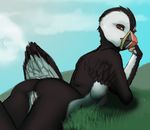  anthro avian beak bird black_feathers breasts brown_eyes butt feathers female grass looking_at_viewer looking_back lying nipples nude on_front outside pinup pose puffin pussy raised_tail side_boob solo uncomfortabledrawingfurries 