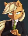  2015 angry anthro anthrofied applejack_(mlp) atane18 blonde_hair business_suit clothing cracking_knuckles earth_pony equine female friendship_is_magic fur glare green_eyes hair horse long_hair looking_at_viewer mammal my_little_pony orange_fur pony serious solo 
