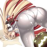  :t ahoge ass ass_focus blonde_hair breasts candy food gloves guilty_gear halo jack-o'_valentine lollipop long_hair looking_at_viewer medium_breasts multicolored_hair pantylines red_eyes red_hair shiny shiny_clothes simple_background solo takanashi-a tight upside-down white_background 