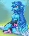  ambiguous_gender avian black_hair blue_feathers blue_hair blush breasts bubonikku claws clothed clothing cuddling duo eyes_closed feathers feline female fur hair hi_res kneeling larger_female mammal nude pink_fur red_eyes size_difference sleeping smile wings 