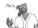  anthro avian beak bird clothed clothing doga facial_hair greyscale looking_at_viewer male monochrome rml robe simple_background solo text white_background 