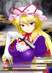  aaru_(r-kun) blonde_hair blush bow breasts choker cleavage dress elbow_gloves fan gloves grin hair_bow hair_ornament hat hat_ribbon large_breasts long_hair looking_at_viewer mob_cap puffy_sleeves purple_dress purple_eyes ribbon ribbon_choker short_sleeves smile solo touhou upper_body white_gloves yakumo_yukari 