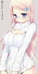  blue_eyes blush breasts cleavage cleavage_cutout glasses hair_ornament hairclip kurot large_breasts long_hair long_sleeves looking_at_viewer meme_attire open-chest_sweater original pink_hair ribbed_sweater rimless_eyewear simple_background sketch solo sweater turtleneck twitter_username 