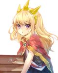  :o blonde_hair blur blush book bow cagliostro_(granblue_fantasy) cape carrying crown ganida_boushoku granblue_fantasy hairband holding holding_book long_hair looking_at_viewer open_mouth purple_eyes simple_background solo white_background 