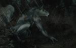  anthro black_nose canine claws colorfulhoovednights digitigrade forest fur grass grey_fur gun kneeling male mammal night nude outside ranged_weapon side_view solo tree weapon wolf yellow_eyes 