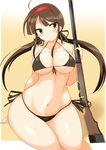  bikini breasts brown_bikini brown_hair cleavage curvy green_eyes gun hairband heterochromia large_breasts long_hair navel purple_eyes rifle ryoubi_(senran_kagura) senran_kagura side-tie_bikini solo swimsuit thighs twintails weapon wedge wide_hips 