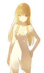 blonde_hair bracelet breasts cleavage dress flower hand_on_hip jewelry long_hair lpip necklace no_bra original small_breasts solo strapless strapless_dress white_background white_dress white_flower yellow_eyes 