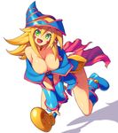  :d blonde_hair breasts cleavage dark_magician_girl duel_monster green_eyes hat large_breasts looking_at_viewer metata open_mouth short_hair simple_background smile solo staff white_background wizard_hat yuu-gi-ou 