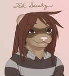 ambiguous_gender anthro brown_eyes brown_hair clothed clothing ferret hair mammal mustelid open_mouth pink_background portrait simple_background smile solo striped_shirt text uncomfortabledrawingfurries whiskers 