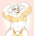  abs anthro baker_(kokuhane) biceps black_nose bulge bulk canine chest_tuft clothing dog facial_hair flexing fur hair hat jockstrap kokuhane male mammal musclechub musclegut muscular nipples pecs pose simple_background smile solo standing toned tuft underwear 