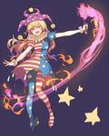 :d american_flag_dress american_flag_legwear blonde_hair blush clownpiece full_body hat high_heels jester_cap kikugetsu long_hair looking_at_viewer no_wings open_mouth outstretched_arm pantyhose pink_eyes print_legwear puffy_sleeves short_sleeves simple_background smile solo star striped striped_legwear touhou wrist_cuffs 
