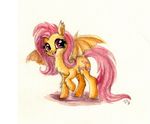  2015 bat_pony bat_wings chest_tuft cutie_mark equine fangs fluttershy_(mlp) friendship_is_magic fur hair looking_at_viewer mammal membranous_wings my_little_pony pegasus pink_hair pink_tail red_eyes simple_background solo traditional_media_(artwork) tuft wings yellow_fur zarielcharoitite 