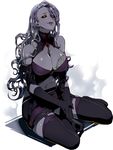  armlet belinda_(unlight) between_breasts black_gloves black_legwear black_sclera boots breasts cleavage emje_(uncover) full_body gem gloves green_blood grey_hair huge_breasts liquid long_hair looking_at_viewer midriff sitting sleeveless smile solo unlight very_long_hair yellow_eyes 