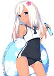  blue_eyes blush covered_navel flower hair_flower hair_ornament kantai_collection long_hair naoya_come one-piece_swimsuit ramune ro-500_(kantai_collection) school_swimsuit school_uniform simple_background solo swimsuit swimsuit_under_clothes tan tanline white_background white_hair 