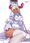  apron blonde_hair demon_girl demon_horns dress dress_lift horns jjune long_sleeves looking_at_viewer maid maid_apron maid_headdress mop no_panties original red_eyes sitting smile solo sweat thighhighs thighs white_dress white_legwear 