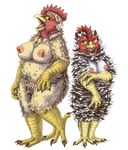  2girls anthro artist_request avian bird black_eyes breasts brown_eyes bubonikku chicken claws duo erect_nipples eyelashes feathers female furry looking_at_viewer multiple_girls nipples nude open_mouth overweight scales simple_background tongue white_background yellow_sclera 