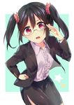  adjusting_eyewear bespectacled black_hair center_frills dress_shirt formal glasses hand_on_hip highres jacket love_live! love_live!_school_idol_project open_clothes open_jacket pencil_skirt pero_(pixiv15896580) red_eyes shirt side_slit skirt skirt_suit solo suit teacher twintails yazawa_nico 