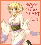  2015 animal_ears blonde_hair blush breasts happy_new_year hidamari_sketch highres horns japanese_clothes kemonomimi_mode kimono large_breasts looking_at_viewer miyako new_year open_mouth sheep_horns smile solo utomo 
