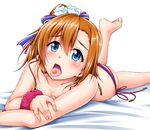  bare_shoulders barefoot bikini blue_eyes blush breasts candy cleavage collarbone food food_in_mouth kousaka_honoka leg_up love_live! love_live!_school_idol_project lying medium_breasts on_stomach one_side_up open_mouth orange_hair scrunchie side-tie_bikini solo strap_slip striped striped_bikini swimsuit the_pose tongue tongue_out wrist_scrunchie yopparai_oni 