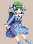  backpack bag blue_eyes blue_hair brown_background cucumber hair_bobbles hair_ornament hanao_(kuma-tan_flash!) kawashiro_nitori key open_mouth simple_background solo touhou twintails two_side_up wrench 