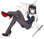  animal_ears back-seamed_legwear bare_shoulders black_hair breasts brown_eyes bunny_ears bunny_tail bunnysuit character_name crossed_legs detached_collar fake_animal_ears foreshortening genderswap genderswap_(mtf) hairband harry_potter high_heels l102016695 long_hair looking_at_viewer pantyhose seamed_legwear sitting small_breasts solo tail tom_marvolo_riddle venus_symbol wand wrist_cuffs 