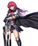  armor armored_boots belt black_gloves boots breasts brown_hair cape character_request cleavage commentary_request copyright_request feather_trim gloves hair_between_eyes korean korean_commentary large_breasts long_hair looking_at_viewer pauldrons pink_hair rainmaker smile solo sword vambraces weapon 