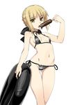  artoria_pendragon_(all) bare_shoulders bikini black_bikini blonde_hair bow breasts eating fate/stay_night fate_(series) food hair_bow innertube jpeg_artifacts namonashi navel open_mouth popsicle saber_alter shiny shiny_clothes shiny_hair short_hair side-tie_bikini simple_background small_breasts solo swimsuit white_background yellow_eyes 