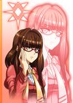  adjusting_eyewear aoki_hagane_no_arpeggio brown_hair exis glasses hiei_(aoki_hagane_no_arpeggio) long_hair school_uniform serious solo very_long_hair yellow_eyes zoom_layer 