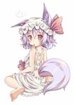  alternate_costume animal_ears ass_cutout back bare_shoulders barefoot dress feet fox_ears fox_tail full_body hat hat_ribbon heart highres kemonomimi_mode lavender_hair looking_at_viewer looking_back mob_cap mouth_hold red_eyes remilia_scarlet ribbon short_hair simple_background sitting sleeveless solo tail touhou white_background yukishiro_arute 