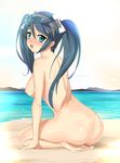 areolae arm_support ass beach blue_eyes blue_hair breasts embarrassed error from_side hairband highres isuzu_(kantai_collection) kantai_collection large_breasts long_hair looking_at_viewer mushi_gyouza nipples nude outdoors seiza sitting solo twintails water 