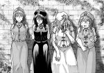  4girls bangs braid brick_wall charm_(object) chinese_clothes commentary_request dress flying_sweatdrops hat hong_meiling jiangshi koyubi_(littlefinger1988) long_hair looking_at_viewer monochrome multiple_girls ofuda plump shirt short_hair short_sleeves smile talisman touhou twin_braids 