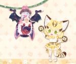  2girls :d animal_ear_fluff animal_ears artist_name bat_ears bat_wings blonde_hair blush_stickers cat_ears cat_tail chibi commentary_request common_vampire_bat_(kemono_friends) extra_ears food green_eyes hanging japari_bun kemono_friends looking_at_another milo multicolored_hair multiple_girls open_mouth pantyhose pink_hair pink_legwear purple_eyes purple_hair sand_cat_(kemono_friends) seiyuu_connection short_hair skirt smile sparkle_background striped_tail tail twitter_username upside-down white_hair wings 