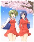  blue_eyes blue_hair blush cherry_blossoms green_eyes green_hair hidamari_sketch holding_hands long_hair mami_(hidamari_sketch) multiple_girls nakayama_(hidamari_sketch) open_mouth school_uniform short_hair skirt smile utomo 