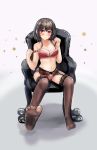  1girl absurdres bangs black_hair black_legwear blush bra bra_pull breasts cleavage commentary_request embarrassed feet foot_up full_body garter_straps highres kantai_collection large_breasts long_hair looking_at_viewer miyako_(00727aomiyako) navel on_chair red_bra red_eyes simple_background sitting soles star thighhighs toes underwear underwear_only white_background yamashiro_(kantai_collection) 