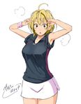  :&lt; \m/ \n/ armpits baby_steps blush_stickers brown_eyes copyright_name double_\n/ hair_between_eyes looking_at_viewer open_mouth short_hair simple_background skirt solo special_g_(spg) sportswear steam takasaki_natsu tennis_uniform white_background wristband 