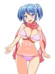  :d bikini blue_eyes blue_hair breasts cameltoe cleavage cowboy_shot front-tie_top hair_ornament large_breasts looking_at_viewer open_mouth original scarf smile solo swimsuit twintails underboob white_background whitemoor 