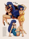  1girl alternate_costume bangs barefoot black_footwear blue_hair breasts brown_background brown_eyes cartoonized character_name cleavage collarbone denim denim_shorts dirty_pair dress english_commentary english_text floating_hair gutalalaman hat high_heels highres long_hair looking_at_viewer medium_breasts midriff mughi multiple_views navel parted_lips pinup_(style) plaid plaid_shirt polka_dot polka_dot_dress shirt short_shorts shorts sitting smile sun_hat tied_shirt toon_(style) twin_peaks_(restaurant) unmoving_pattern very_long_hair yellow_dress yuri_(dirty_pair) 