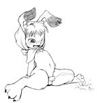  anthro balls black_and_white blush cornelius cute_fangs digital_drawing_(artwork) digital_media_(artwork) front_view hood lagomorph male mammal manmosu_marimo monochrome mostly_nude navel odin_sphere one_eye_closed open_mouth peeing penis rabbit sitting solo spread_legs spreading urine watersports 