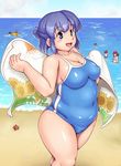  3girls :d big_belly blue_eyes blue_hair breasts commentary_request covered_navel fat fat_step-sister_(orizen) half_updo hermit_crab highres inamori_nidai large_breasts looking_at_viewer multiple_boys multiple_girls ocean one-piece_swimsuit open_mouth original orizen school_swimsuit short_hair smile solo_focus swimsuit thick_thighs thighs towel 
