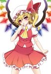  ascot blonde_hair bow finger_to_mouth flandre_scarlet hanao_(kuma-tan_flash!) hat hat_bow mob_cap red_eyes sash side_ponytail solo touhou white_background wings 