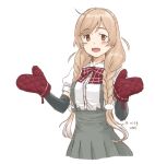  1girl arm_warmers artist_name bow bowtie braid cowboy_shot dated hair_over_shoulder kantai_collection kawashina_(momen_silicon) light_brown_hair long_hair minegumo_(kantai_collection) oven_mitts plaid_neckwear pleated_skirt red_eyes red_neckwear school_uniform shirt short_sleeves simple_background skirt solo suspender_skirt suspenders twin_braids white_background white_shirt 